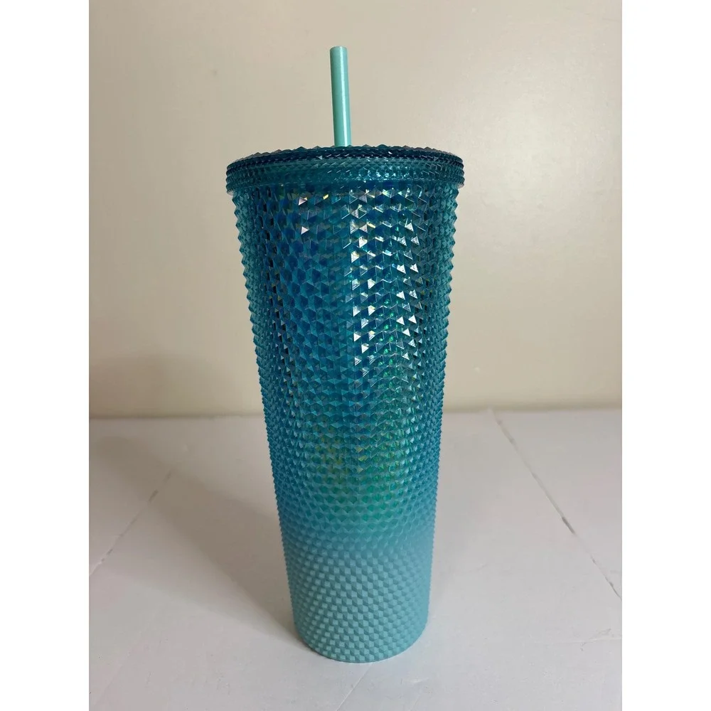 Starbucks Teal Blue Iridescent Studded Venti Cold‎ Cup Tumbler 24oz with Straw